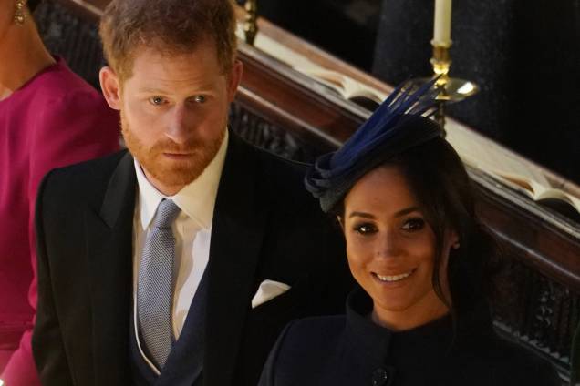 Príncipe Harry e Meghan, duque e duquesa de Sussex antes do casamento da princesa Eugenie de York com Jack Brooksbank na capela de São Jorge em Windsor - 12/10/2018 Príncipe Harry e Meghan, duque e duquesa de Sussex antes do casamento da princesa Eugenie de York com Jack Brooksbank na capela de São Jorge em Windsor - 12/10/2018