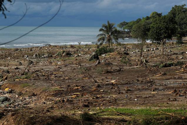 Entulho e detritos são vistos sobre uma praia em Sumur, na província de Banten, na Indonésia, após a destruição do tsunami - 26/12/2018 Entulho e detritos são vistos sobre uma praia em Sumur, na província de Banten, na Indonésia, após a destruição do tsunami - 26/12/2018