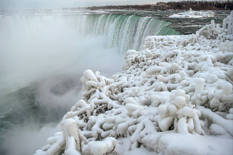 Camada de gelo cobre arbustos no lado canadense das Cataratas do Niágara em Ontário - 23/01/2019