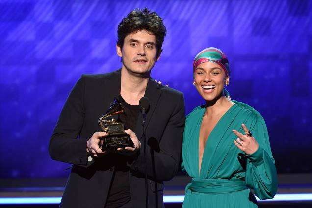 John Mayer e Alicia Keys durante cerimônia de premiação do Grammy, realizada em Los Angeles - 10/02/2019 John Mayer e Alicia Keys durante cerimônia de premiação do Grammy, realizada em Los Angeles - 10/02/2019