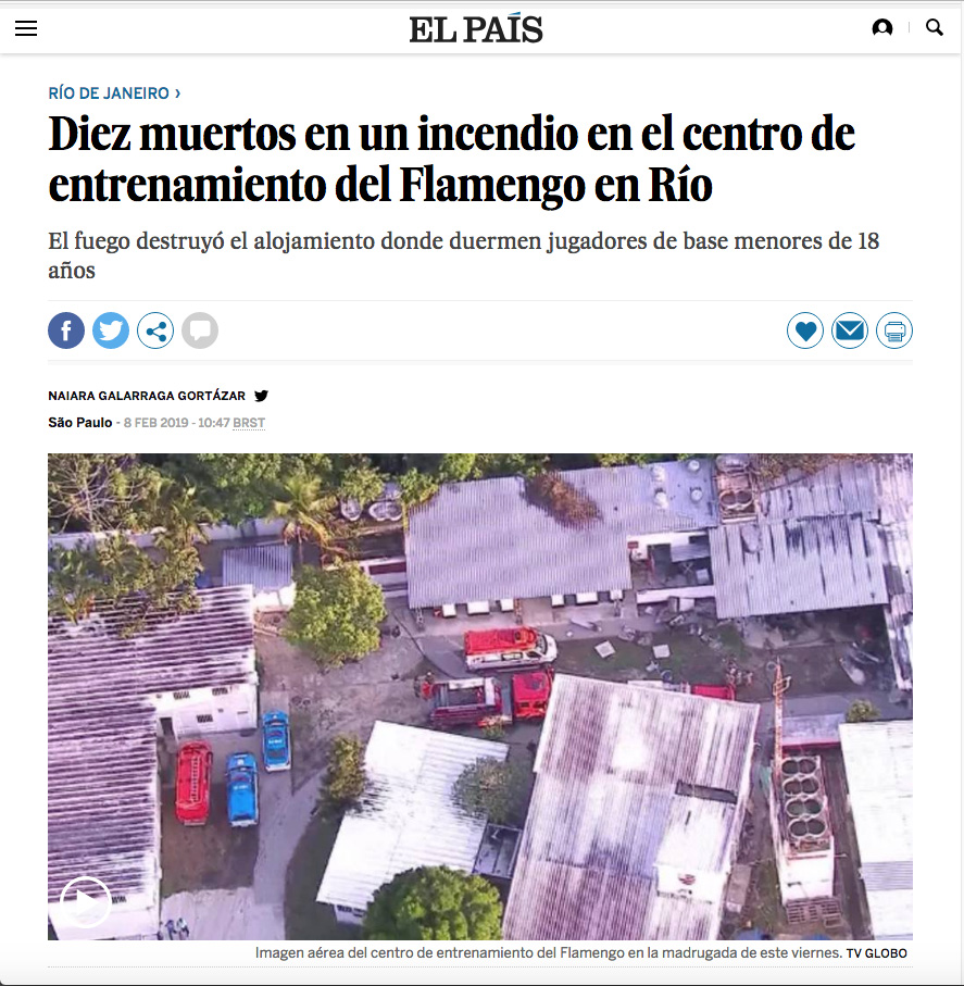 Jornais internacionais veiculam incêndio no CT Ninho do Urubu Jornais internacionais veiculam incêndio no CT Ninho do Urubu