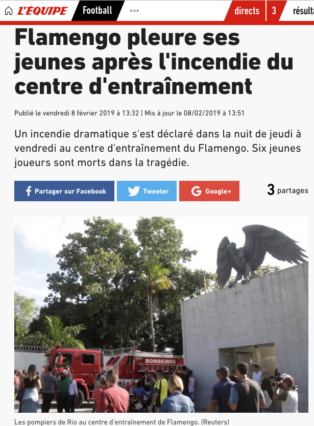 Jornais internacionais veiculam incêndio no CT Ninho do Urubu Jornais internacionais veiculam incêndio no CT Ninho do Urubu