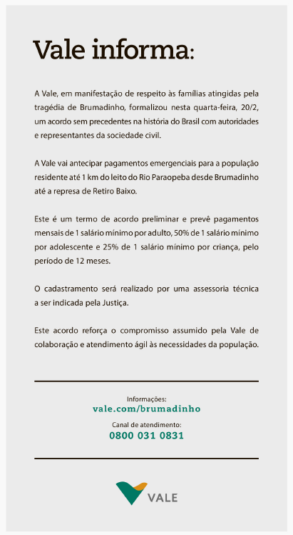 Anúncio da Vale sobre acordo de Brumadinho