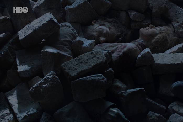 Os corpos de Jaime (Nikolaj Coster-Waldau) e Cersei (Lena Headey) soterrados Os corpos de Jaime (Nikolaj Coster-Waldau) e Cersei (Lena Headey) soterrados