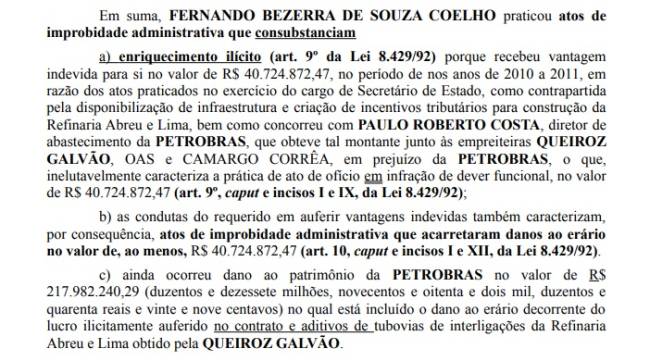 Trecho da petição que acusa Fernando Bezerra Coelho de ilícitos Trecho da petição que acusa Fernando Bezerra Coelho de ilícitos