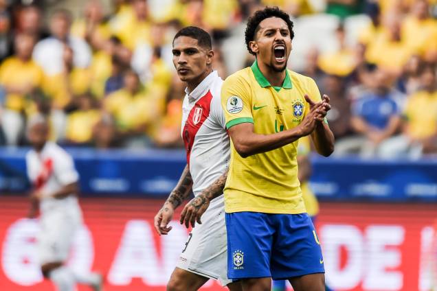 Marquinhos e Paolo Guerrero, jogadores do Brasil e do Peru, durante partida válida pelo grupo A da Copa América - 22/06/2019 Marquinhos e Paolo Guerrero, jogadores do Brasil e do Peru, durante partida válida pelo grupo A da Copa América - 22/06/2019