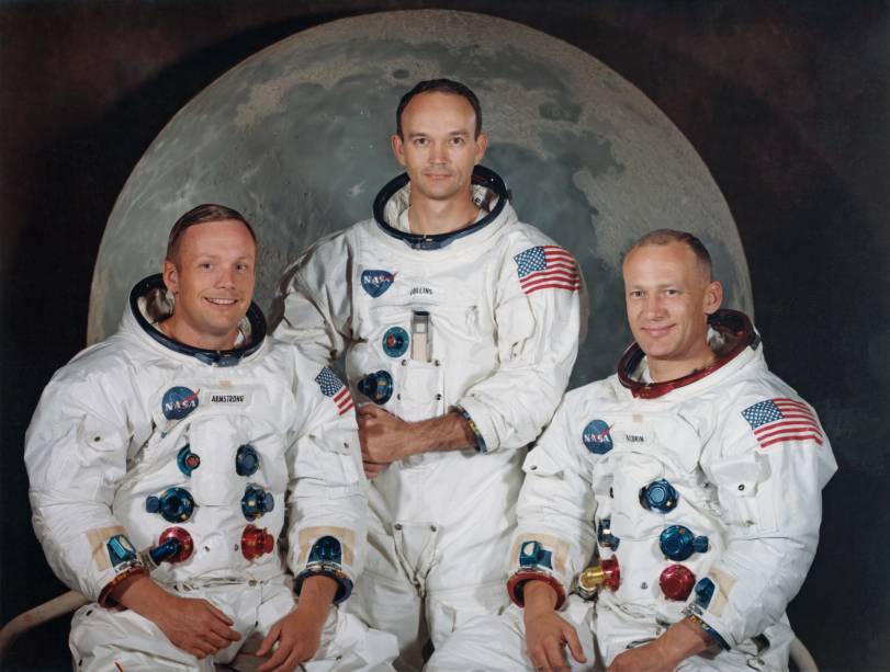 Da esquerda para a direita, Neil Armstrong, Michael Collins e Buzz Aldrin, astronautas da missão Apollo 11 Da esquerda para a direita, Neil Armstrong, Michael Collins e Buzz Aldrin, astronautas da missão Apollo 11