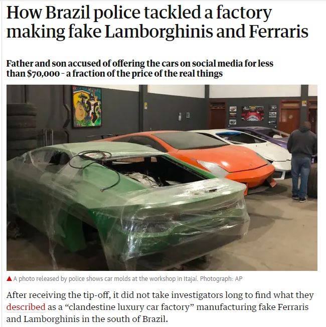 Imprensa pelo mundo destaca falsificação de Ferraris e Lamborghinis em SC