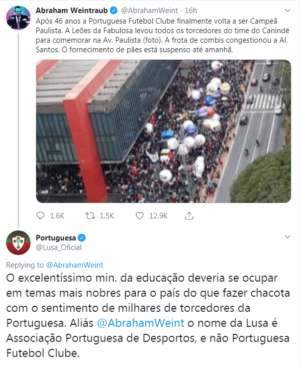 Weintraub e Portuguesa no Twitter