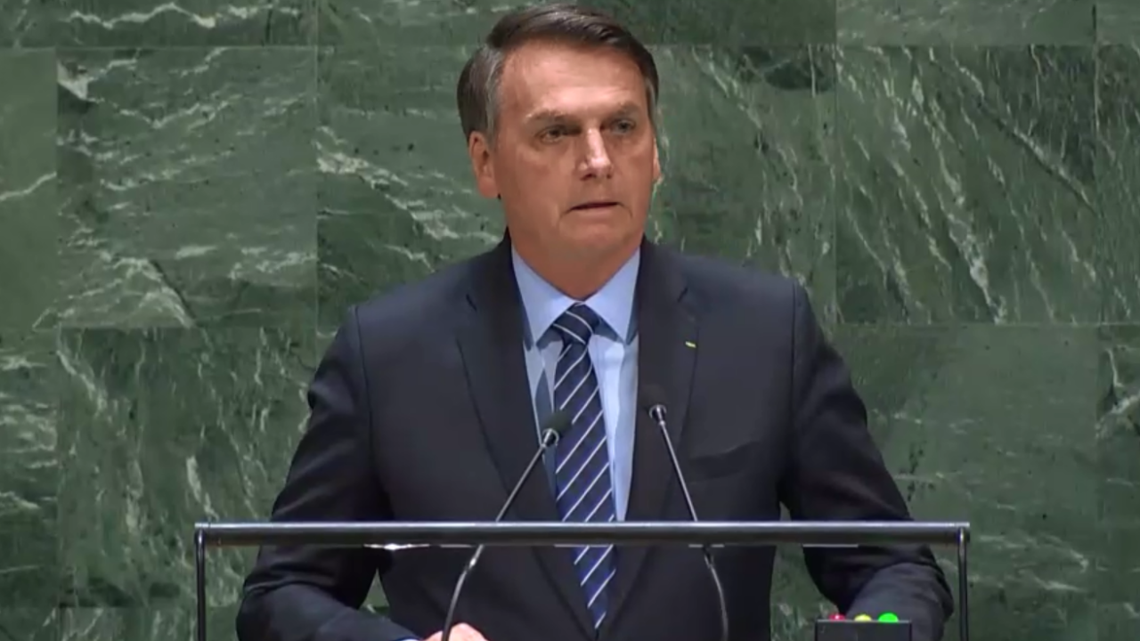 Presidente Jair Bolsonaro em discurso na Assembleia-Geral da ONU, em 2019.