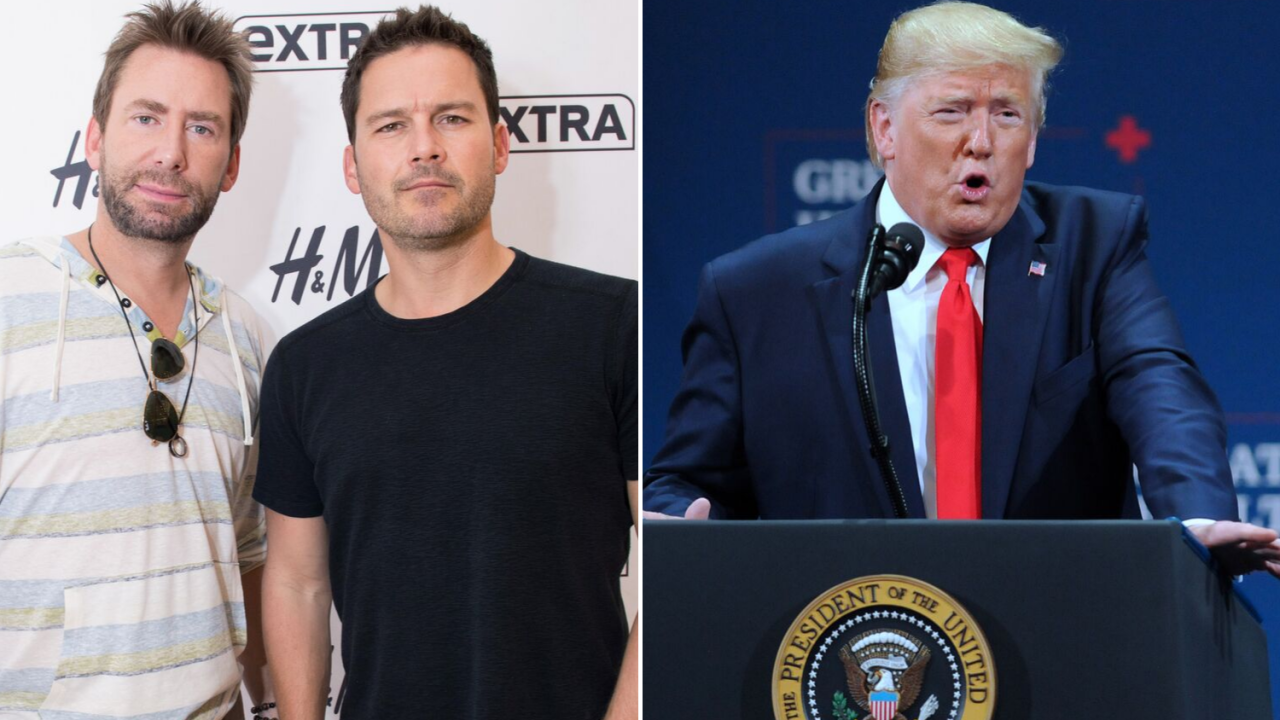 Os músicos Chad Kroeger e Ryan Peake, da banda canadense Nickelback, e o presidente Donald Trump