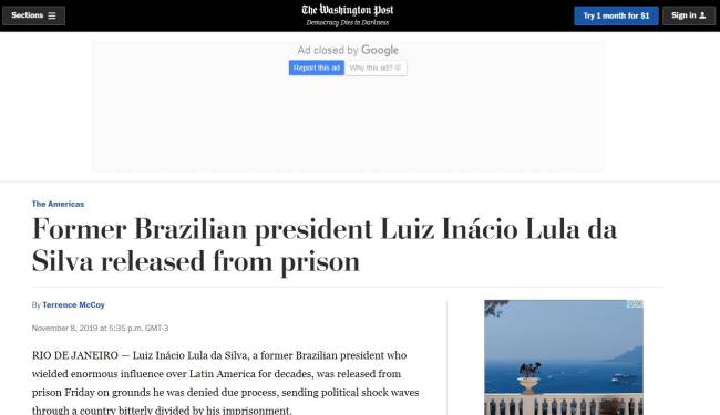 Washington Post Lula O espanhol El País relembra que a soltura de Lula está associada à decisão do Supremo de quinta-feira 7 que 'condenados só serão presos quando em trânsito julgado' - 8/11/2019