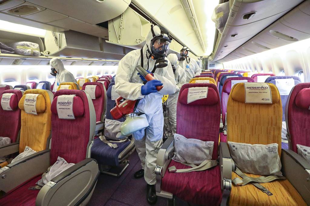 Thai Airways disinfection process in Samut Prakan, Thailand Thai Airways disinfection process in Samut Prakan, Thailand