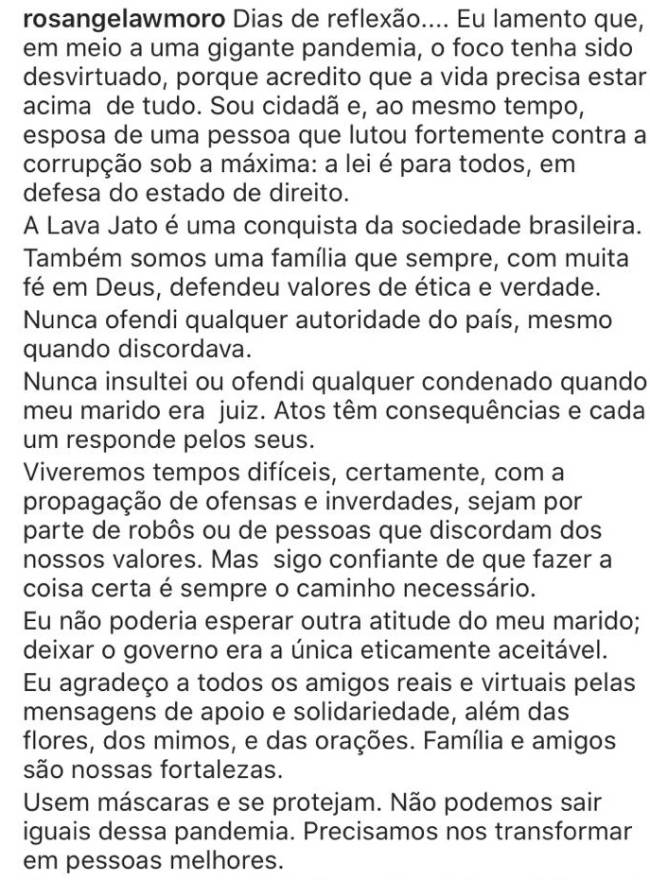 Texto postado por Rosângela Moro no Instagram