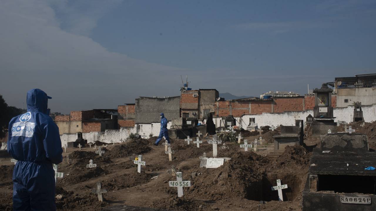 Túmulos de vítimas da pandemia de coronavírus no cemitério do bairro de Inhaúma, no Rio de Janeiro