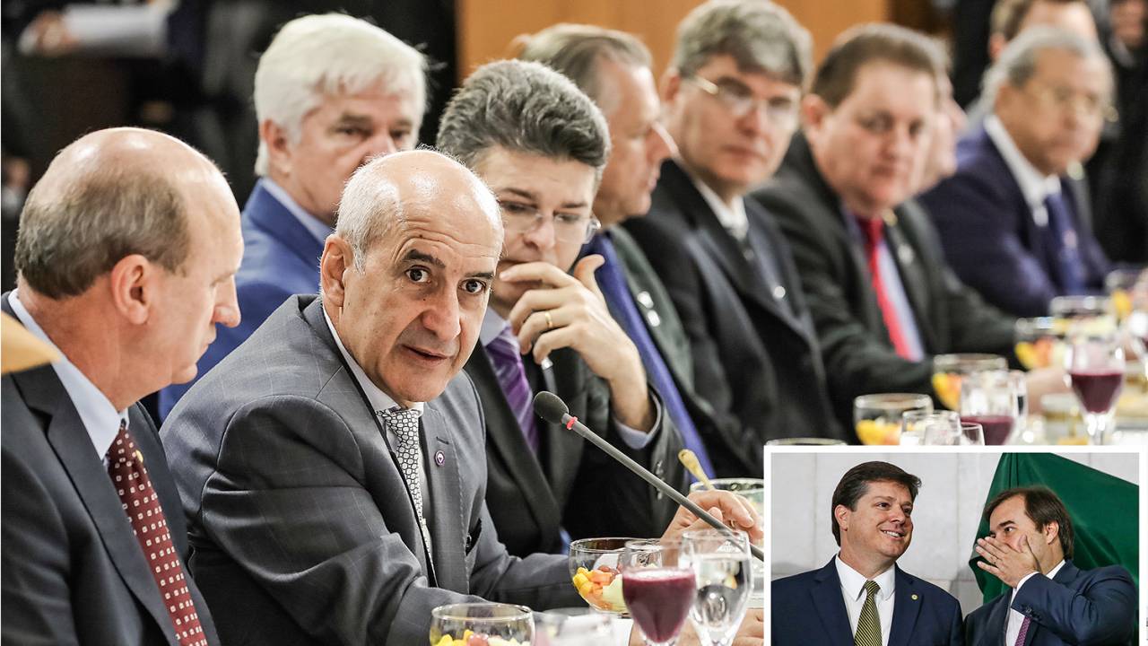 NOVA ESTRATÉGIA - Ramos: o articulador político do governo mira agora o apoio do MDB do deputado Baleia Rossi e do DEM de Rodrigo Maia (à dir.) -