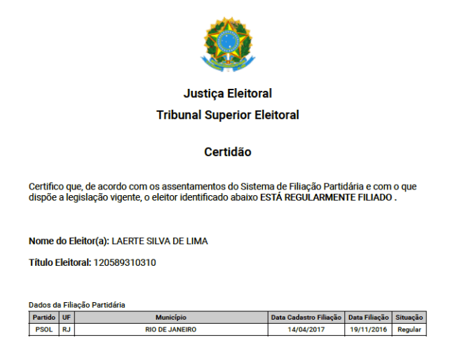 Reprodução da Certidão de Filiação Partidária de Laerte