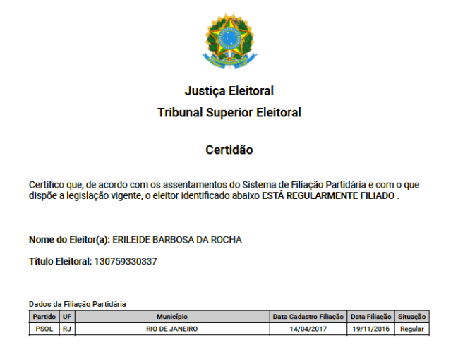 Captura de Tela 2020-12-07 às 13.18.33 Fac-simile da Certidão de Filiação Partidária de Erileide, presa em decorrência da Operação Intocáveis 2
