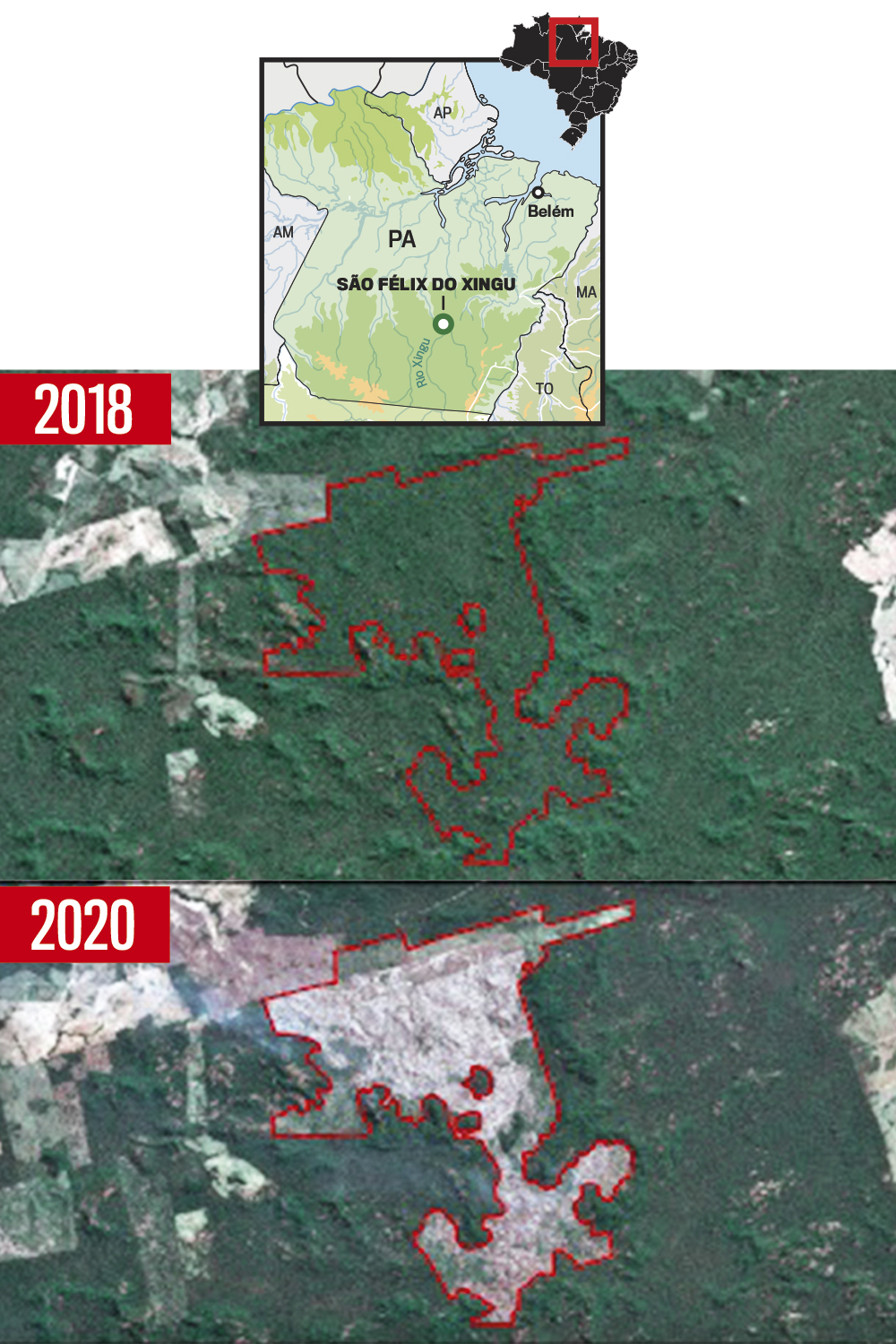 Devastação—Histórico-(Daniel-Messac).jpg ANTES E DEPOIS - Área desmatada: satélites flagraram as queimadas ilegais -