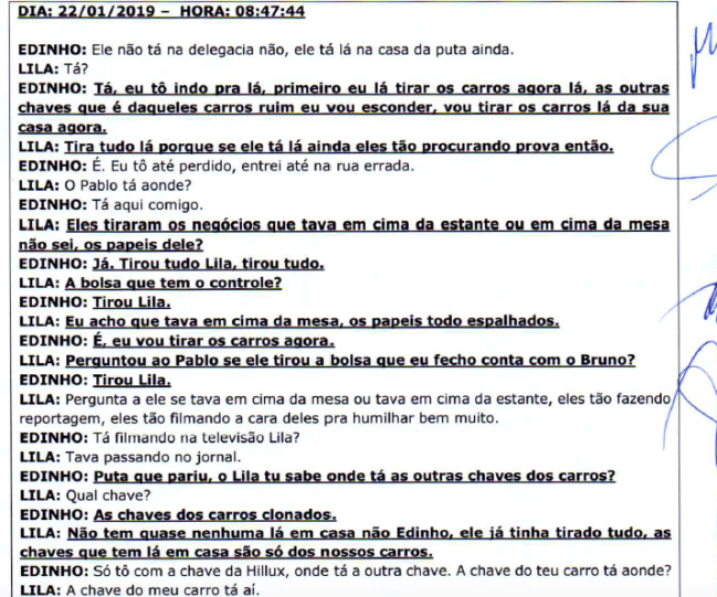 Diálogos Lila Diálogo travado por Lila e um comparsa; ambos foram indiciados por obstrução à Justiça
