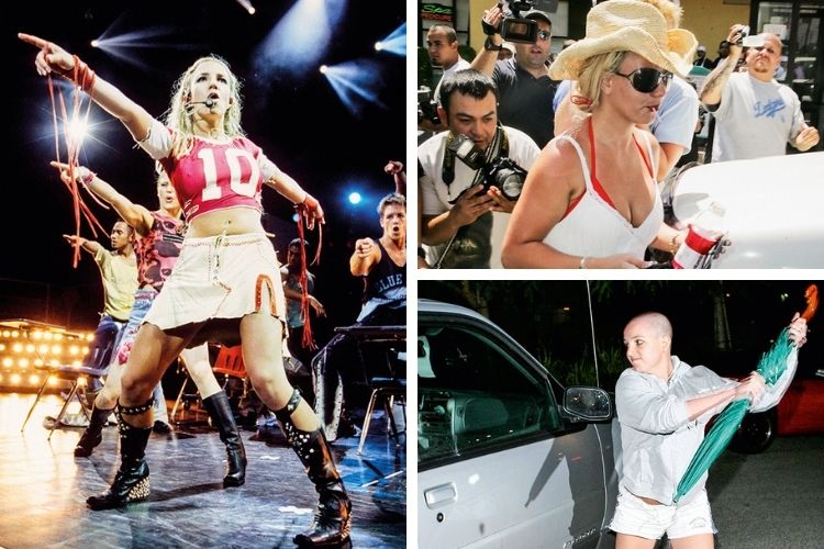 Britney- O PREÇO DO SUCESSO - As fases de Britney: à esq., nos tempos de glória como uma Lolita provocativa; acima, a perseguição incansável dos paparazzi; ao lado, a gota d’água, o ataque ao carro do fotógrafo que a perseguia após uma briga com o ex -