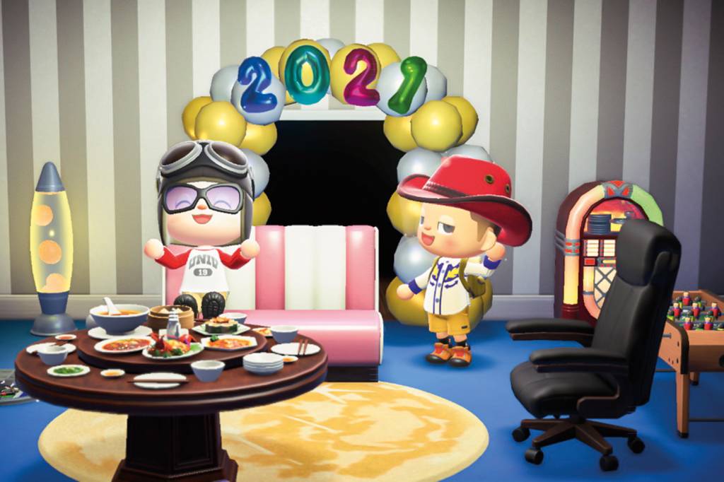 GABRIEL-ANIVERSARIO-ANIMAL CROSSING-1.jpg PARABÉNS - O avatar de Lima na festa de aniversário montada no Animal Crossing: decoração e petiscos virtuais -