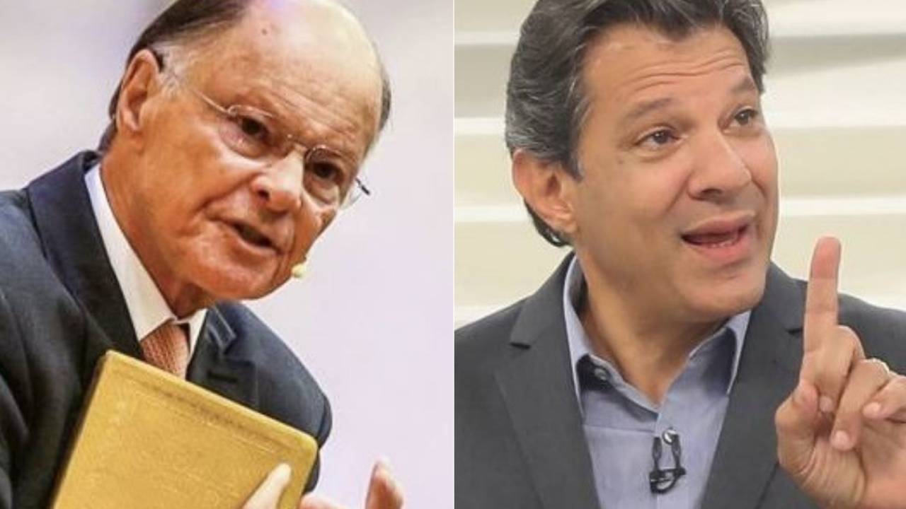 O bispo Edir Macedo, da Igreja Universal, e o ex-prefeito de São Paulo Fernando Haddad (PT)