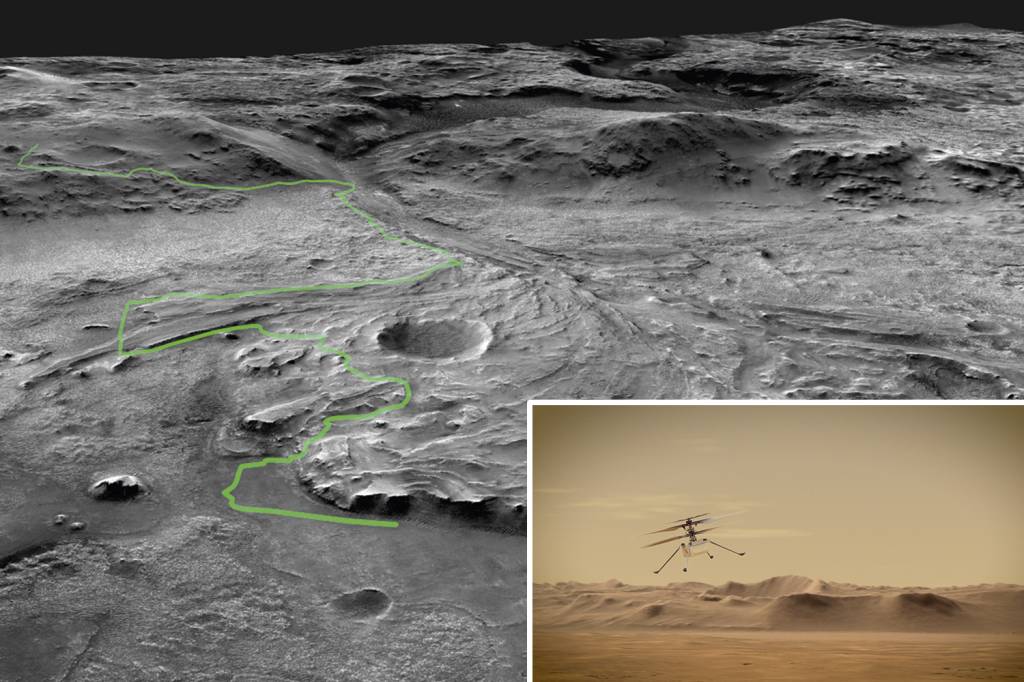 e1-PIA24379-Ken_Farley_traverse_copy.jpg TRILHA E VOO - A possível trajetória do rover na cratera do lago (acima) e o primeiro helicóptero capaz de voar na fina atmosfera marciana (ao lado): criatividade humana em um mundo alienígena -