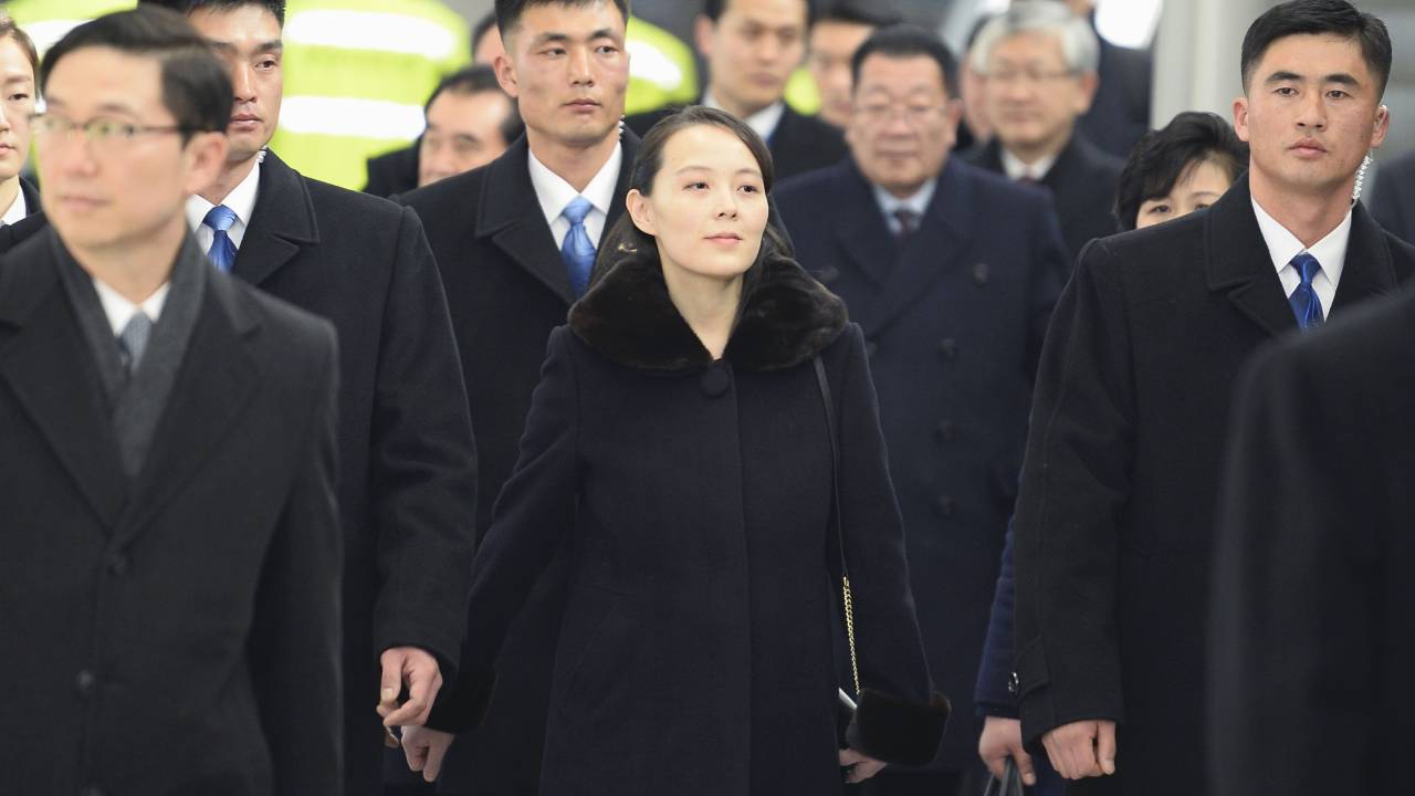 Kim Yo Jong (C), North Korean leader Kim Jong Un's younger sister, arrives at Incheon airport in South Korea on Feb. 9, 2018, to attend the opening ceremony of the Pyeongchang Olympics. (Kyodo)==Kyodo(Photo by Kyodo News Stills via Getty Images)