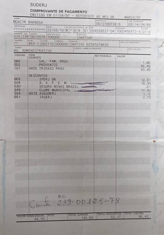 Holerite com os valores que recebia de aposentadoria da prefeitura do Rio de Janeiro -