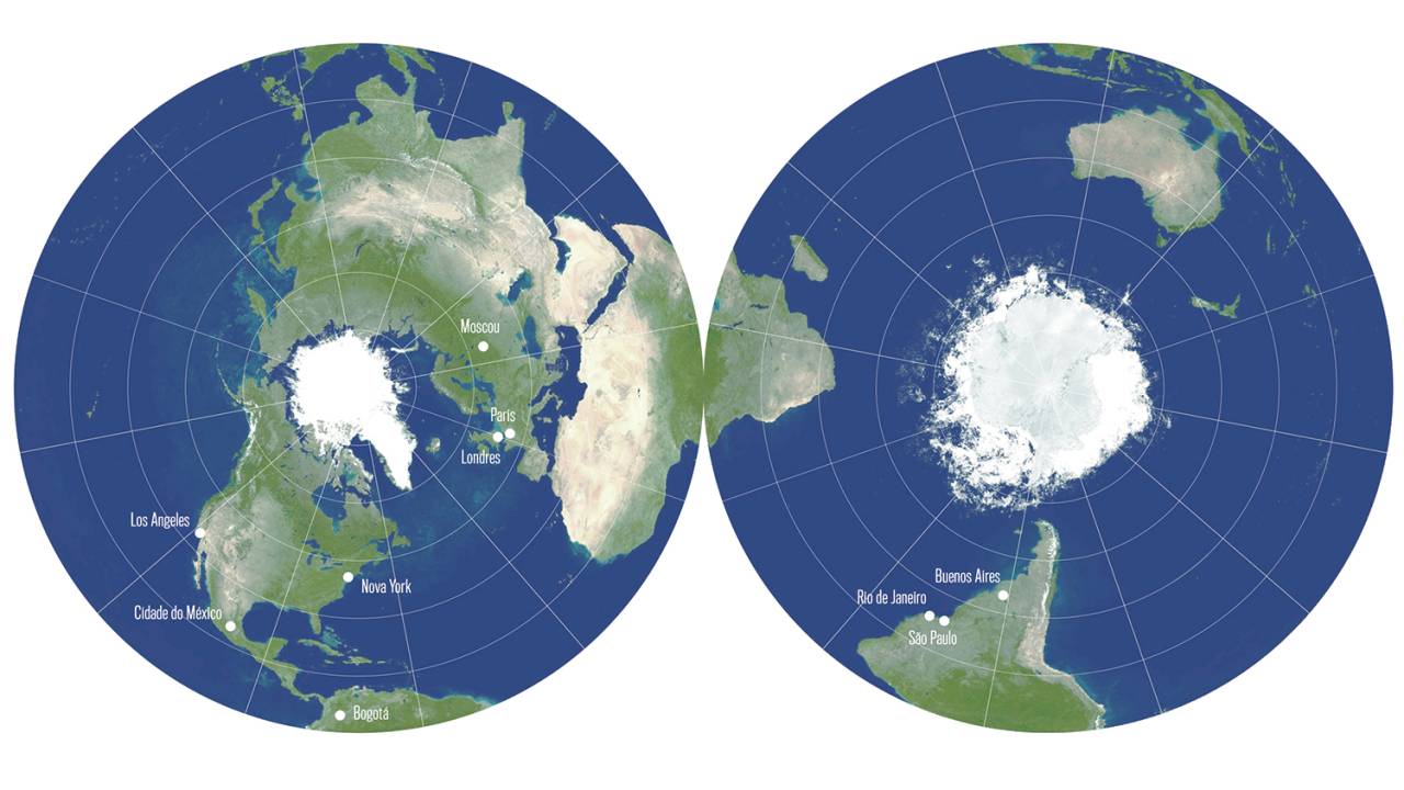 DISCO DUPLO - O planeta visto do alto de seus dois polos: mapa de pesquisadores americanos mostra a proporção e a distância corretas dos continentes e a dimensão da massa de água -