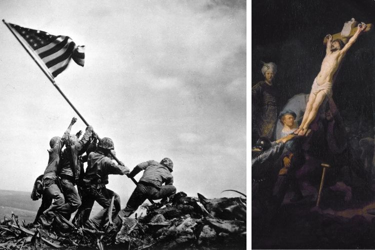 A bandeira americana fincada em Iwo Jima (1945) e O Erguimento da Cruz, de Rembrandt, tela a óleo de 1633: as similaridades parecem gritar