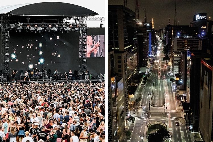 DIFERENÇA - Show na Nova Zelândia (à esq.) com público testado e parte vacinada e as ruas vazias de São Paulo -