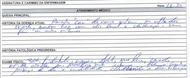 Fac-simile do prontuário de atendimento de Henry em 13 de fevereiro