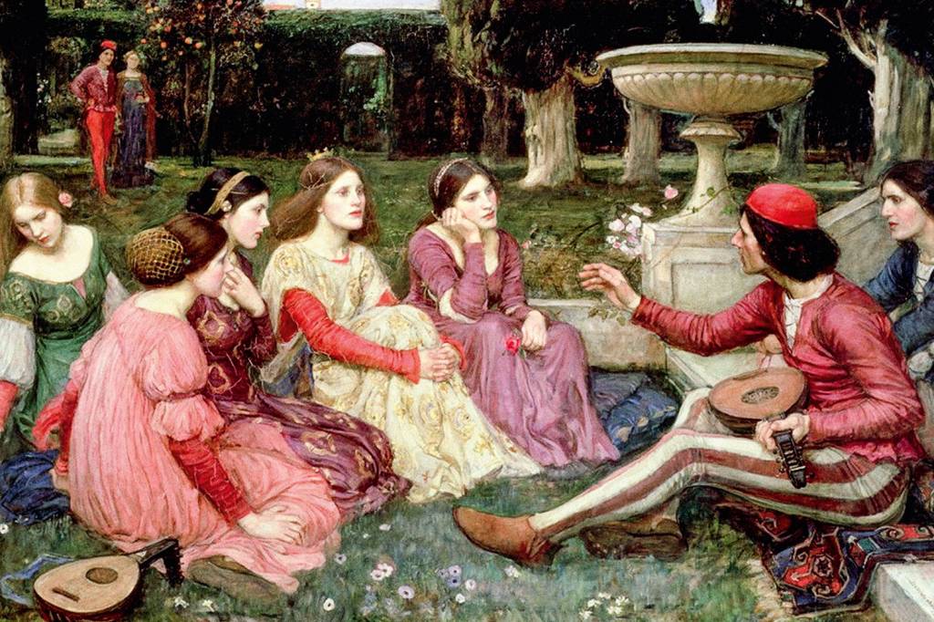 QUADRO THE DECAMERON – JOHN WILLIAM WATERHOUSE.jpg DIÁRIO DA PESTE - Cena do Decamerão: rir para expiar as dores da tragédia -