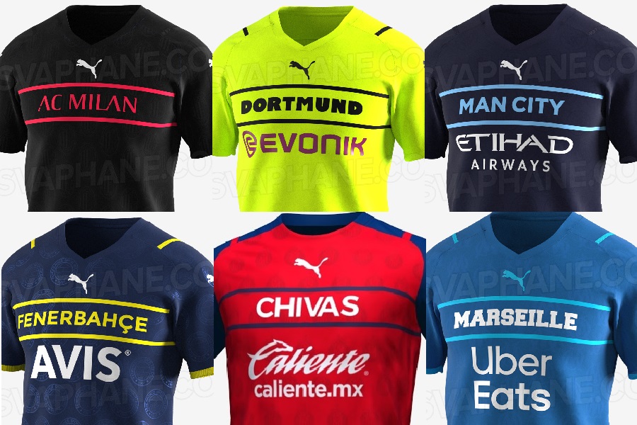 Camisas de grandes da Puma, com o nome no lugar do escudo