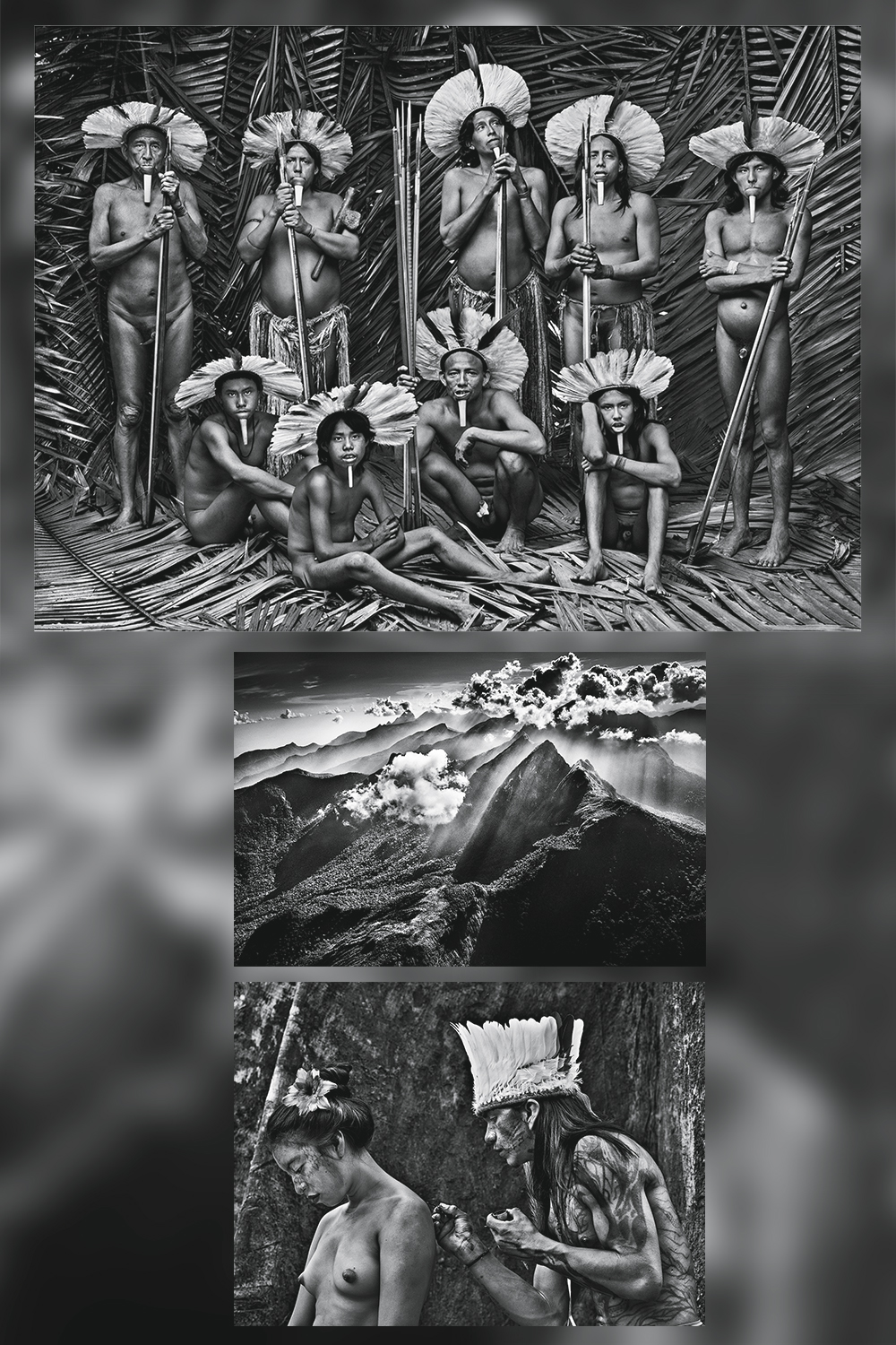 ABRE-1-DUPLA-xl_salgado_amazonia_p417.jpg2 REGISTROS DA FLORESTA - À cima, homens da tribo Zoé, no Pará; no meio, a Serra do Marauiá, no Amazonas; e a pintura corporal dos índios iauanauás, no Acre: tesouros isolados -