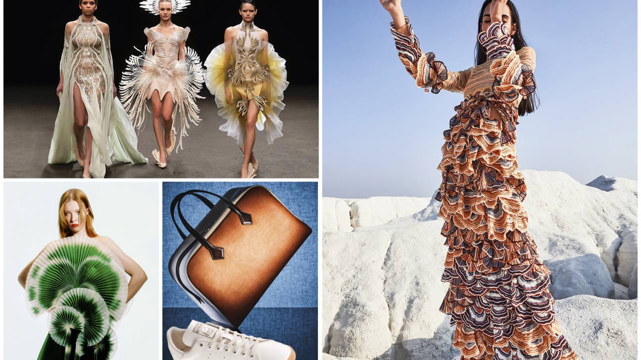 JEITÃO HIPPIE Cores e materiais (no sentido horário): desfile de Iris Van Herpen, vestido de Rahul Mishra, bolsa Hermès, tênis Adidas e modelo verde de Daniel Del Core -