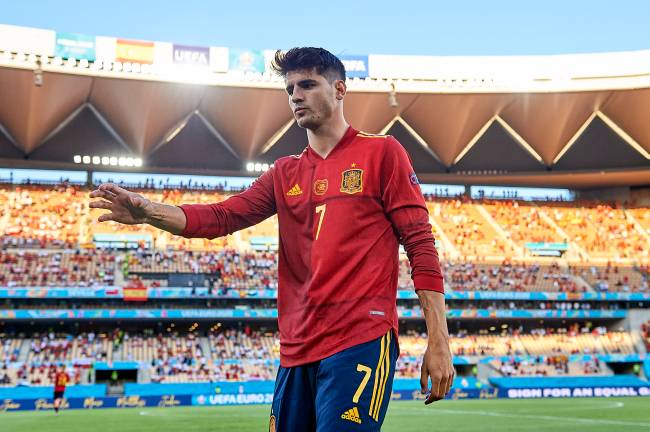 GettyImages-1324660509 Alvaro Morata of Spain looks on during the UEFA Euro 2020 Championship Group E match between Spain and Poland at Estadio La Cartuja on June 19, 2021 in Seville, Spain. (Photo by