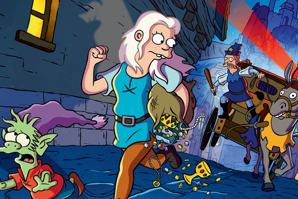 SERIE-DESENCANTO-1.jpg (DES)ENCANTO - O mesmo criador de Homer, o idiota-mor de Os Simpsons, produz Desencanto, uma sátira da Idade Média em que um rei manipulador é desafiado pela filha adolescente -