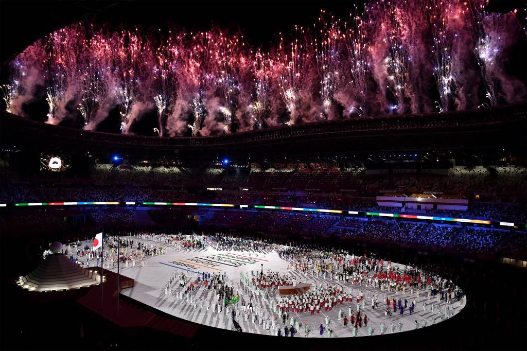 Cerim&ocirc;nia de abertura das Olimp&iacute;adas 2020, no Est&aacute;dio Ol&iacute;mpico de T&oacute;quio -
