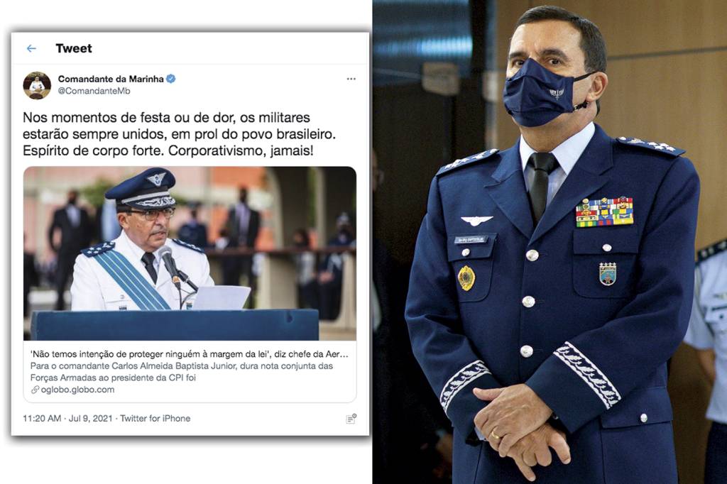 GettyImages-1232046379.jpg REAÇÃO - O comandante da Aeronáutica, Carlos Baptista, e o tuíte do comandante da Marinha, Almir Garnier: “alerta” -
