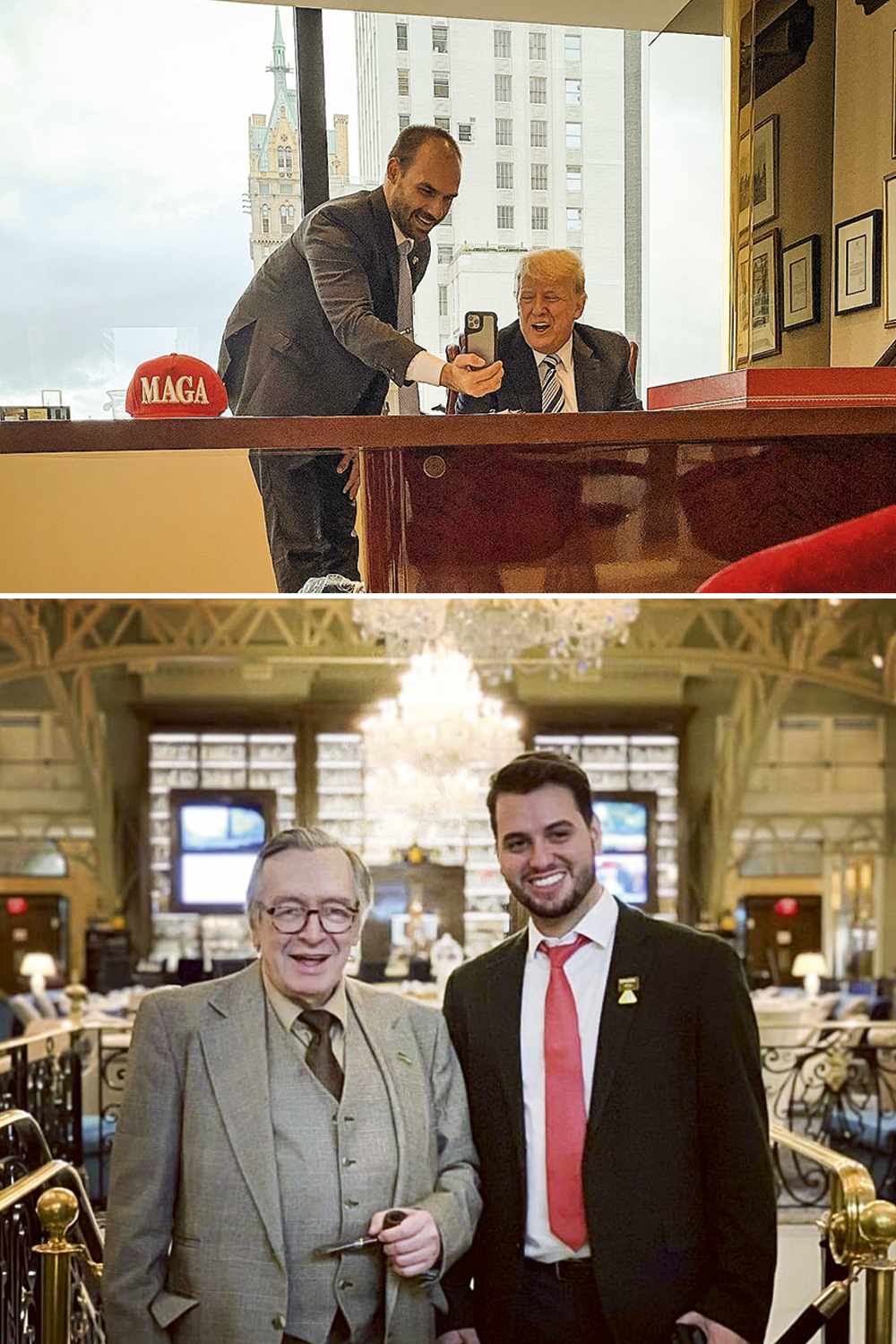 EDUARDO-BOLSONARO-DONALD-TRUMP-2021-02.jpg FORA DO CIRCUITO - Eduardo Bolsonaro (em visita a Donald Trump) e o assessor Filipe Martins (abaixo, com o guru Olavo de Carvalho): eles perderam o espaço que tinham com Ernesto Araújo e a influência na política externa -