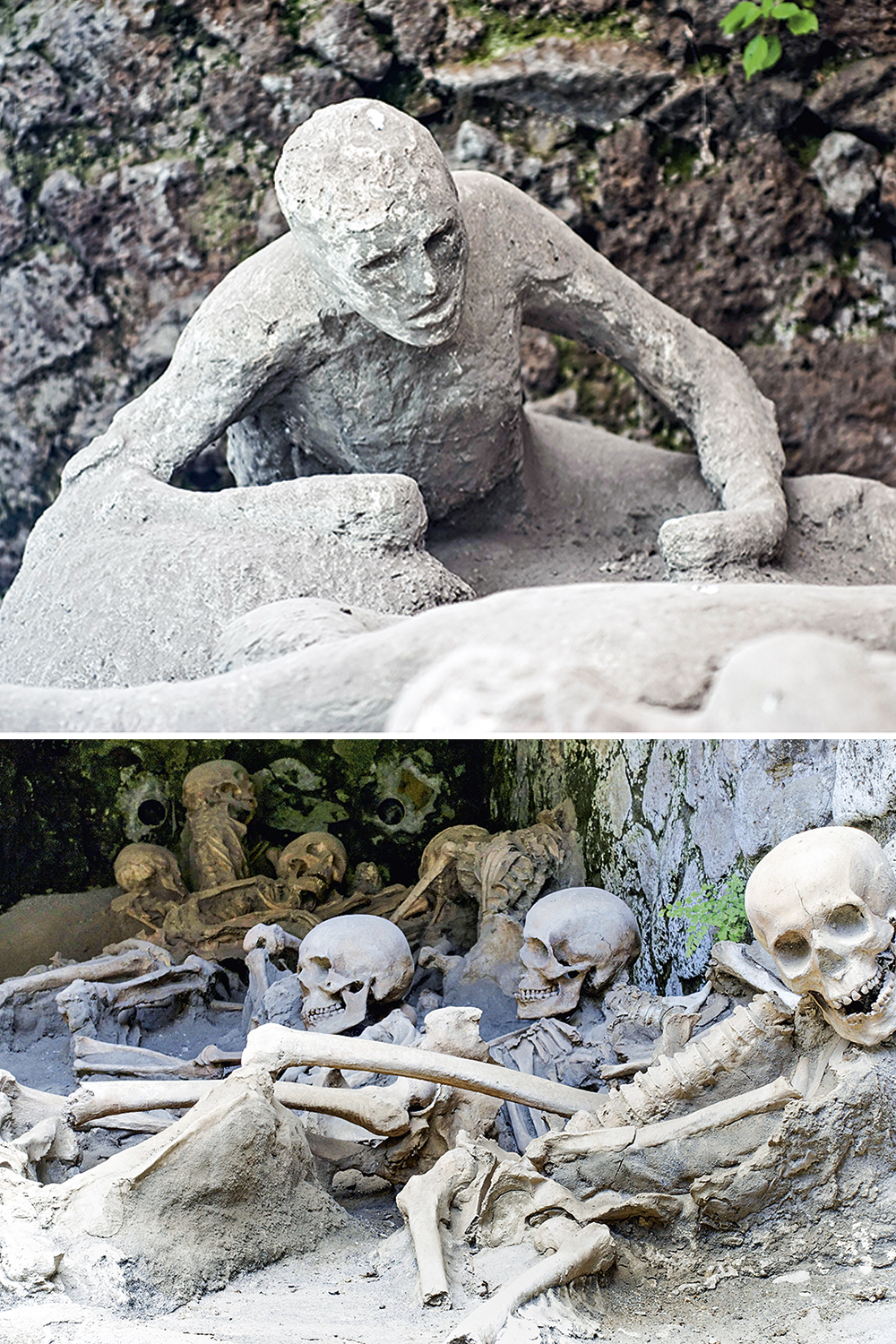 GettyImages-171143593.jpg PRESERVAÇÃO VESUVIANA - A forma em gesso de uma das vítimas de Pompeia (acima) e os restos mortais dos habitantes de Herculano (abaixo): resultados diferentes de uma mesma tragédia dois milênios atrás -