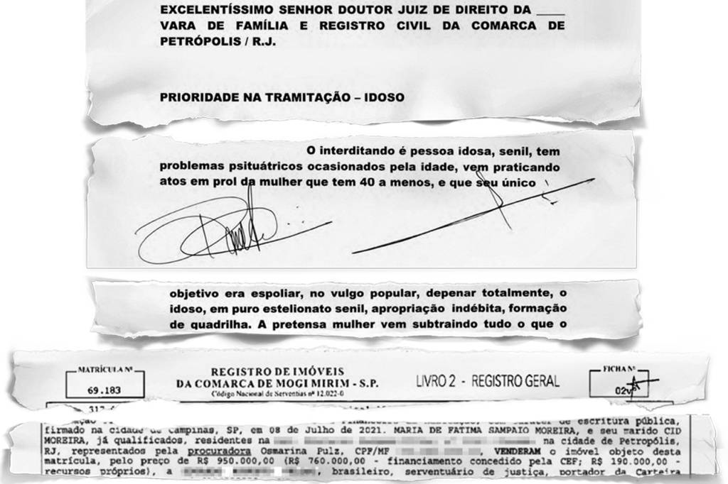 rasgadinho1 ATOS DA GUERRA - Trecho do processo movido pelos filhos diz que o pai está “senil” (acima): transação de alto lucro lança suspeitas sobre a mulher (abaixo) -
