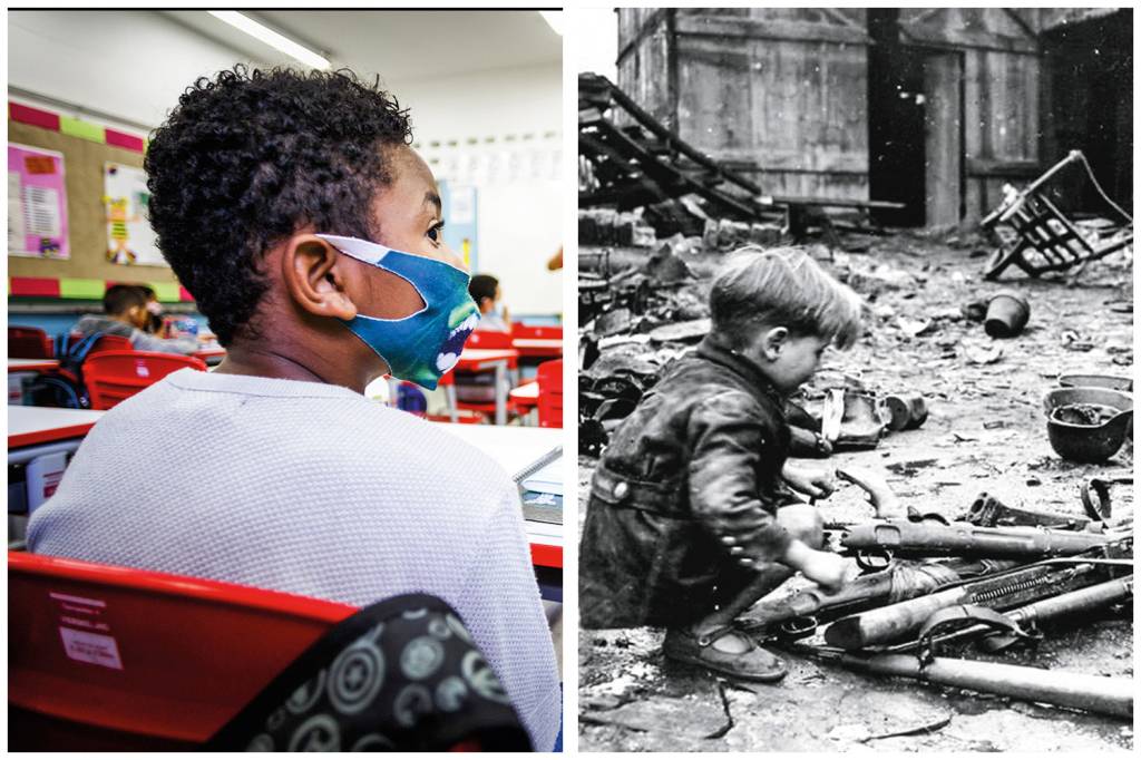 MONTAGEM DEPRESSAO PRESENTE E PASSADO aroto na escola (à esq.) e vítimas da II Guerra:
nas grandes crises, as crianças sempre são as primeiras a sofrer -