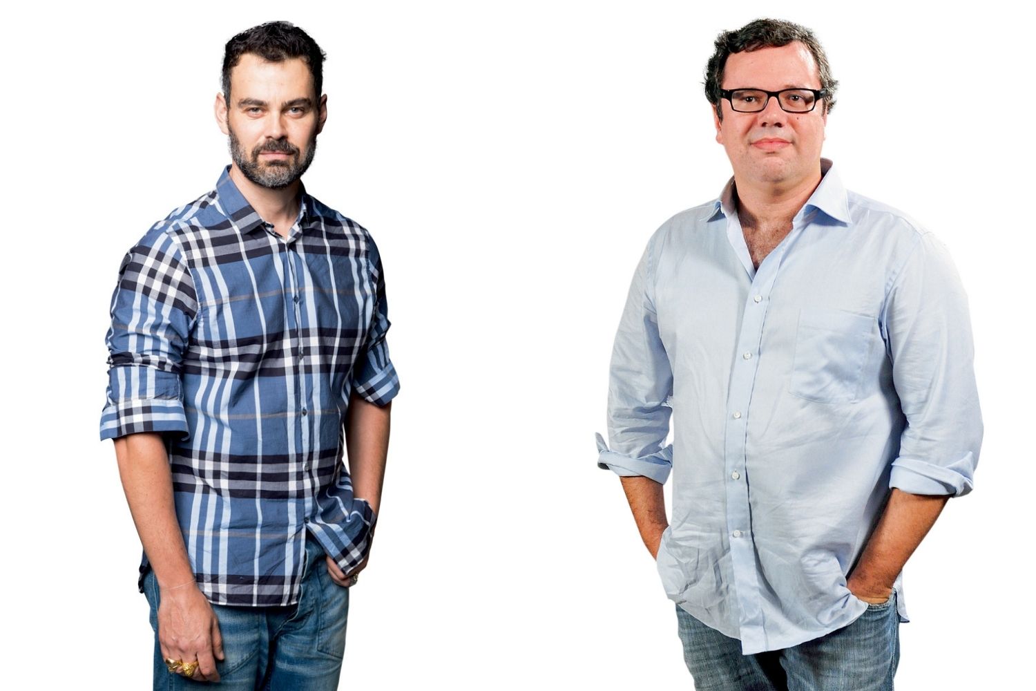 SEM SEGREDO - Manter fora da tela a imagem de gal&atilde; angustiava o ator Carmo Dalla Vecchia (&agrave; esq.), 50, casado com o autor de novelas Jo&atilde;o Emanuel Carneiro. Resolveu, por fim, se revelar: &ldquo;Se posso agir contra o preconceito, por que ficar de bra&ccedil;os cruzados?&rdquo;, indaga. -