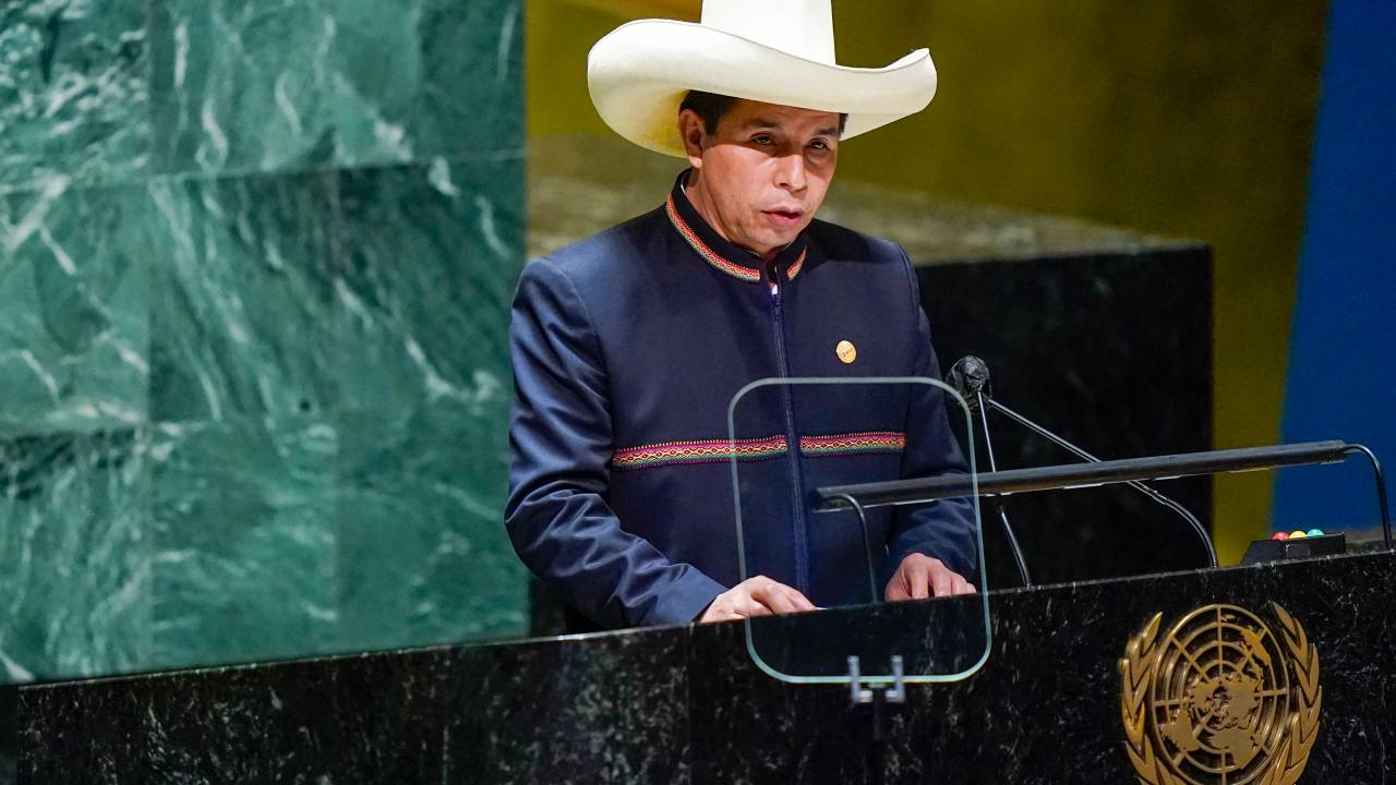 Presidente peruano, Pedro Castillo, discursa durante Assembleia Geral da ONU, em Nova York. 21/09/2021