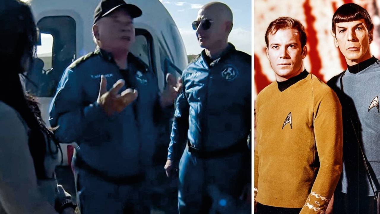 REALIDADE E FICÇÃO - Shatner (à esq., de boné) e na pele do capitão Kirk (de marrom): a maior experiência da vida -