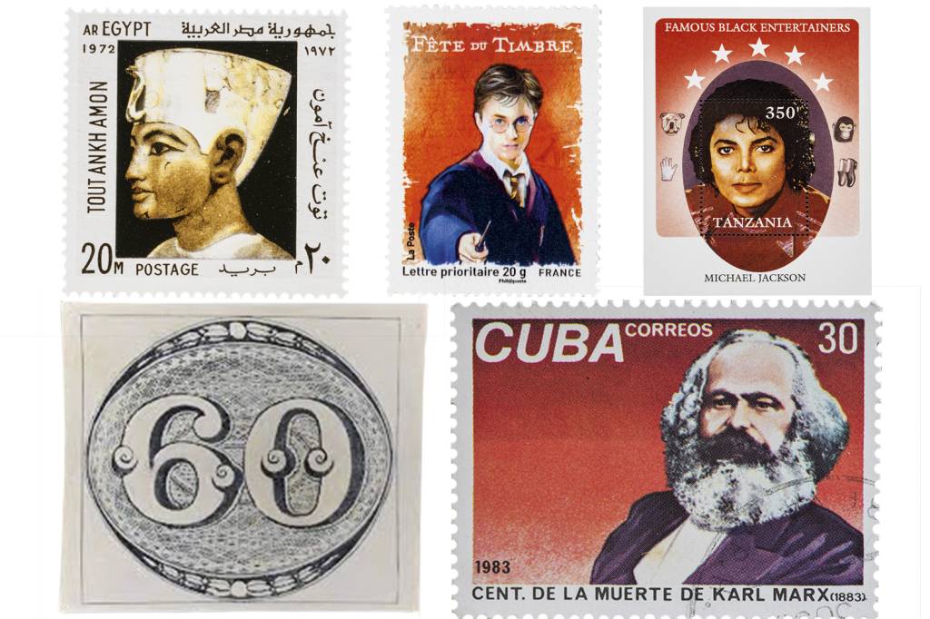 GettyImages-502267874.jpg ÍCONES - Homenageados (em sentido horário): Tutancâmon, Harry Potter, Michael Jackson, Olho de Boi (um dos primeiros selos brasileiros) e Karl Marx -